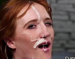 Scalding beauty gets cum millstone on her face eating all the jism