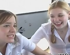 Diminutive titted schoolgirl gives wet blowjob and rides dick