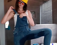Construction Worker Pees in Her Jean Overalls
