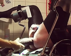 Rubbernurse Agnes - deep pegging with a huge BBC Dildo plus a handjob wearing long transparent gyn exam gloves plus balls squeezing  until cum